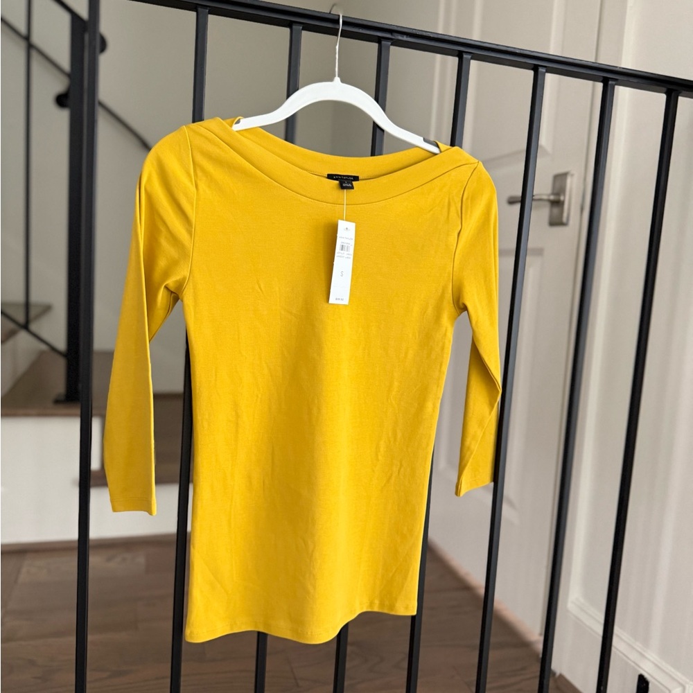 NWT Ann Taylor 3/4 Sleeve Boatneck Tee, Mustard Yellow, S